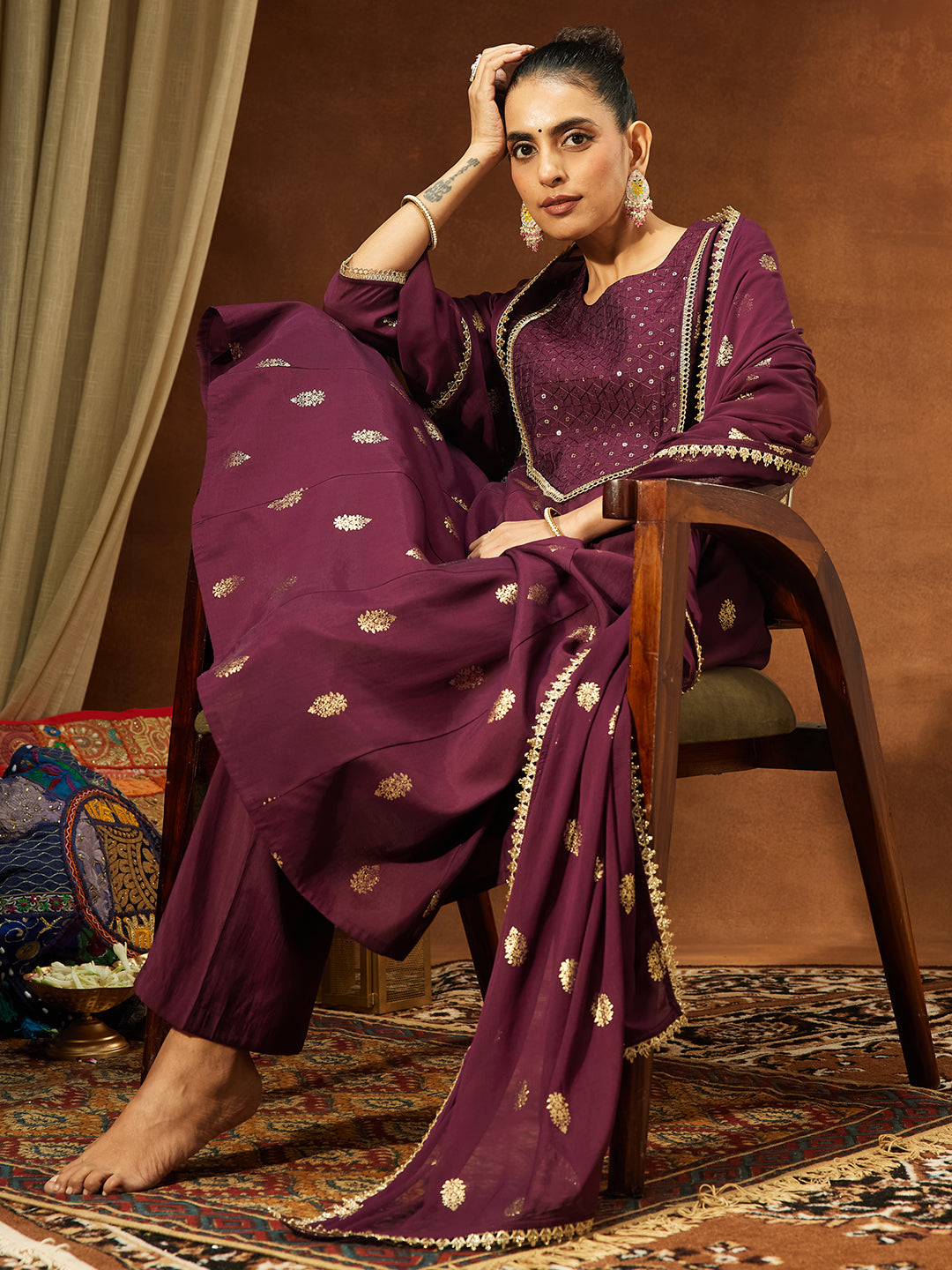 Janasya Women's Wine Chanderi Silk Embellished Gold Printed Anarkali Kurta Set