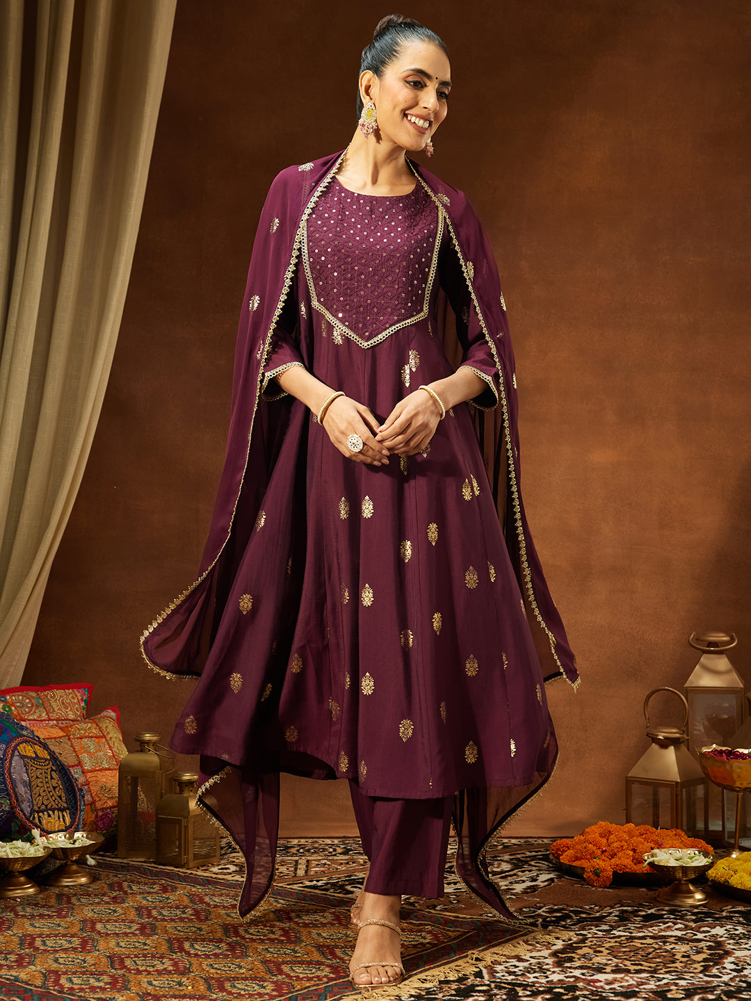 Janasya Women's Wine Chanderi Silk Embellished Gold Printed Anarkali Kurta Set