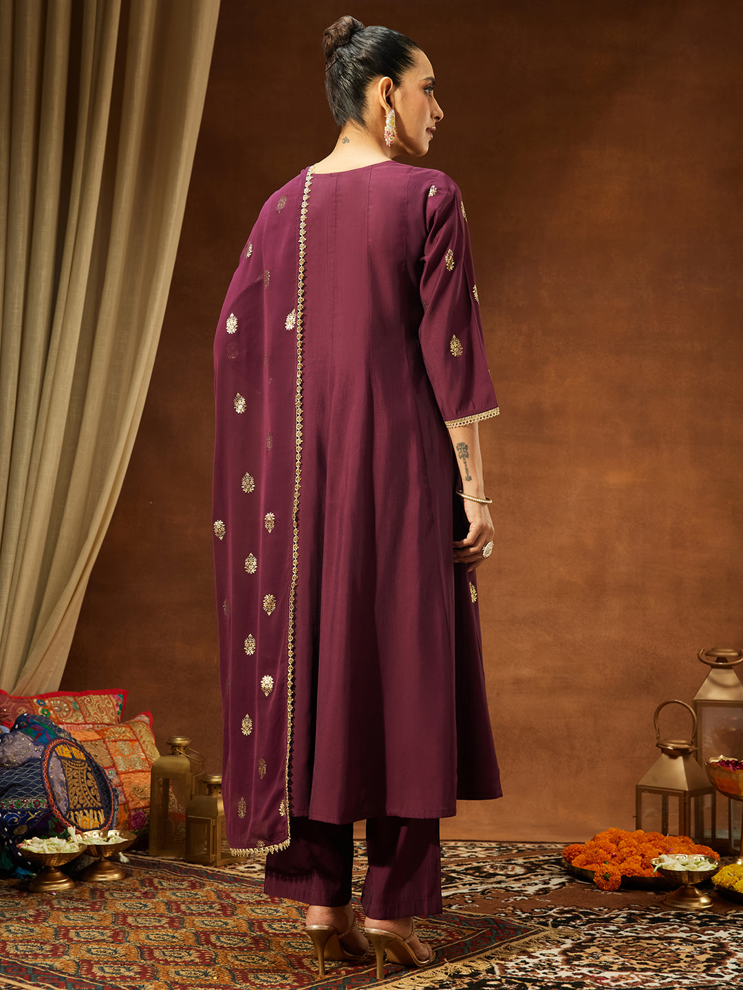 Janasya Women's Wine Chanderi Silk Embellished Gold Printed Anarkali Kurta Set