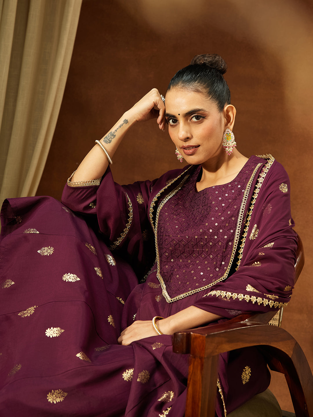 Janasya Women's Wine Chanderi Silk Embellished Gold Printed Anarkali Kurta Set