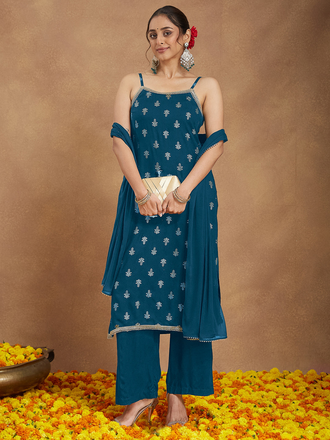 Janasya Women's Teal Blue Rayon Embellished Gold Printed Straight Kurta Set