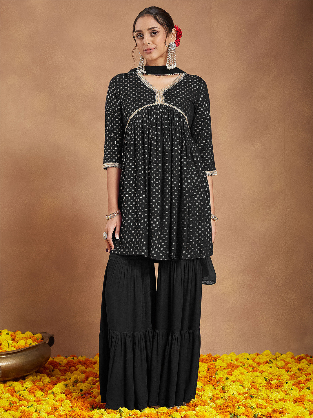 Janasya Women's Black Rayon Foil Printed A-line Kurta With Sharara & Dupatta Set