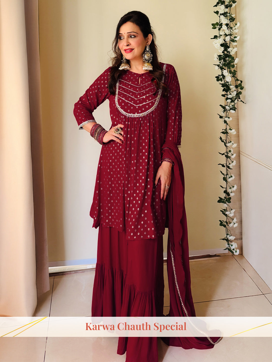 Janasya Women's Maroon Rayon Foil Printed Embellished A-line Kurta With Sharara & Dupatta Set