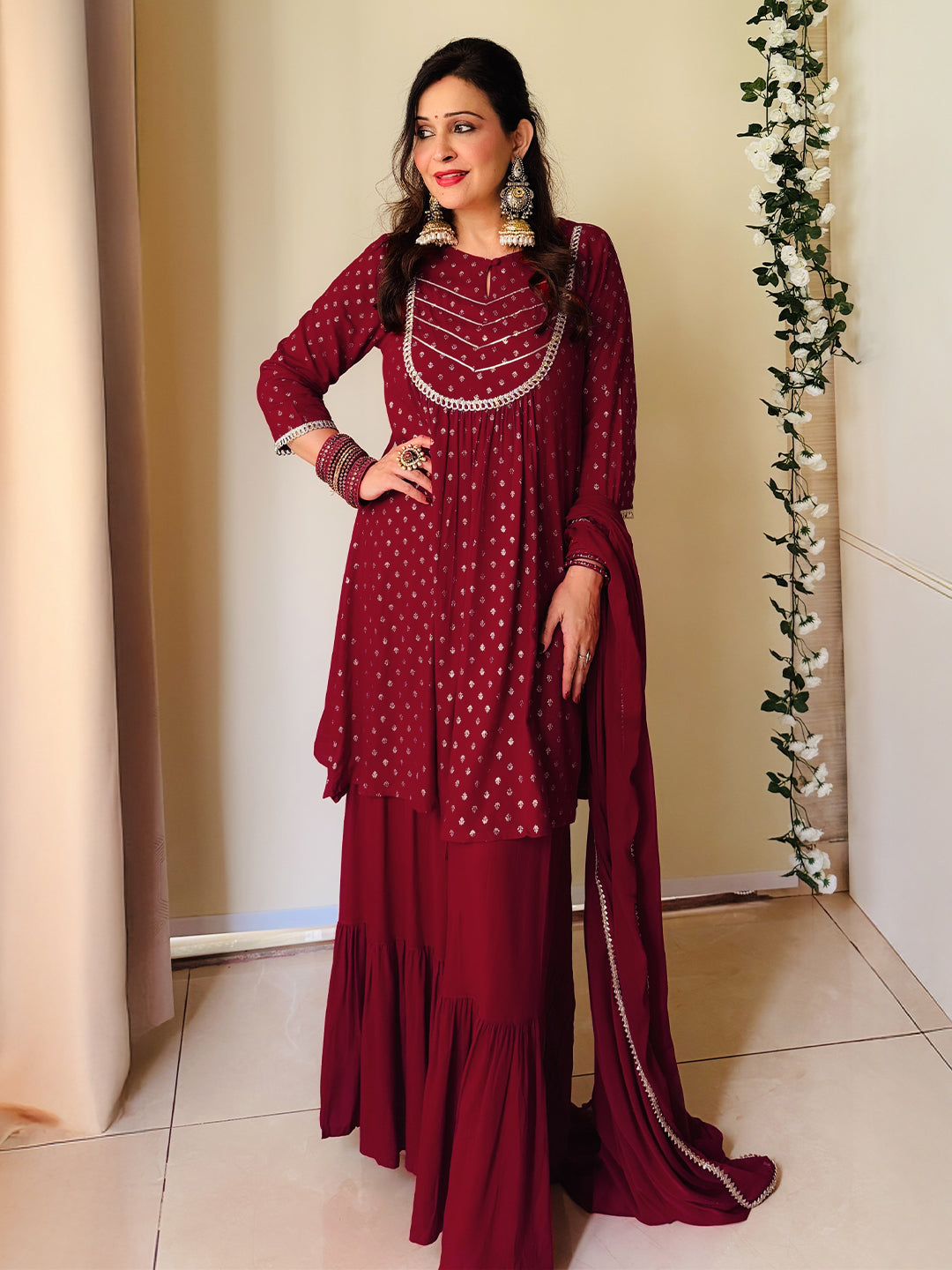 Janasya Women's Maroon Rayon Foil Printed Embellished A-line Kurta With Sharara & Dupatta Set