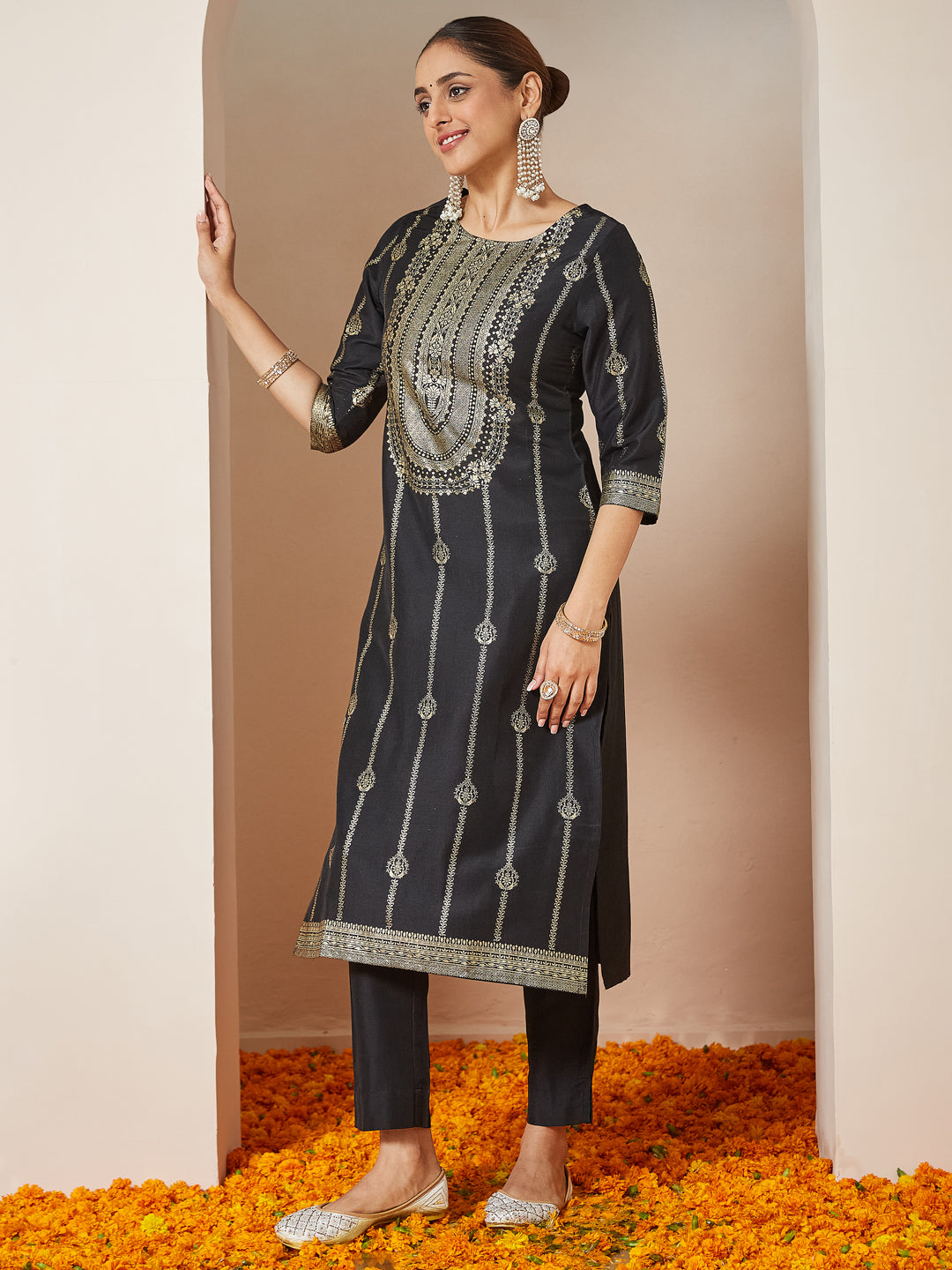 Janasya Women's Black Silk Blend Gold Printed Straight Kurta Set