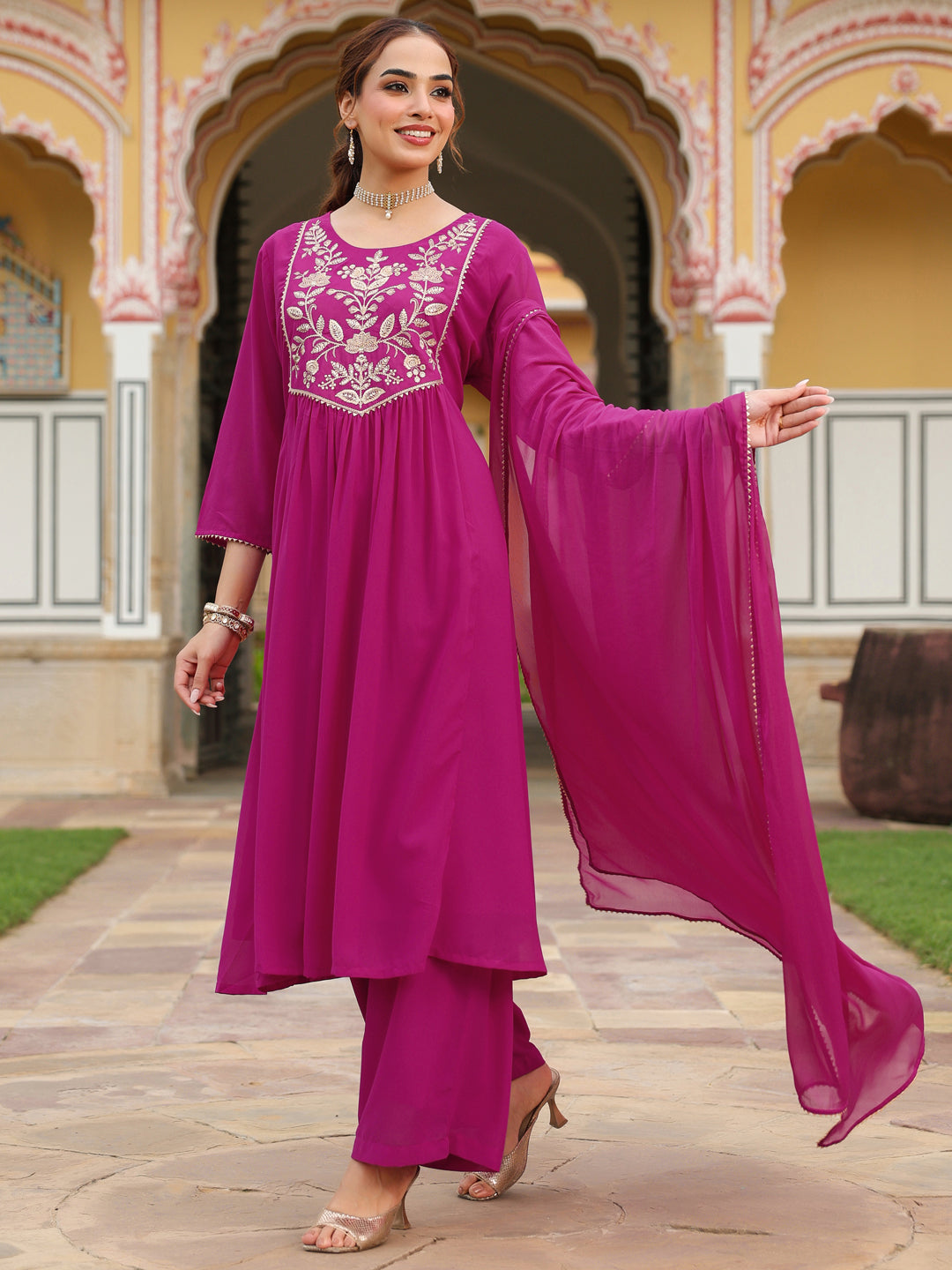 Janasya Women's Pink Georgette Embroidered A-line Kurta With Palazzo Dupatta Set