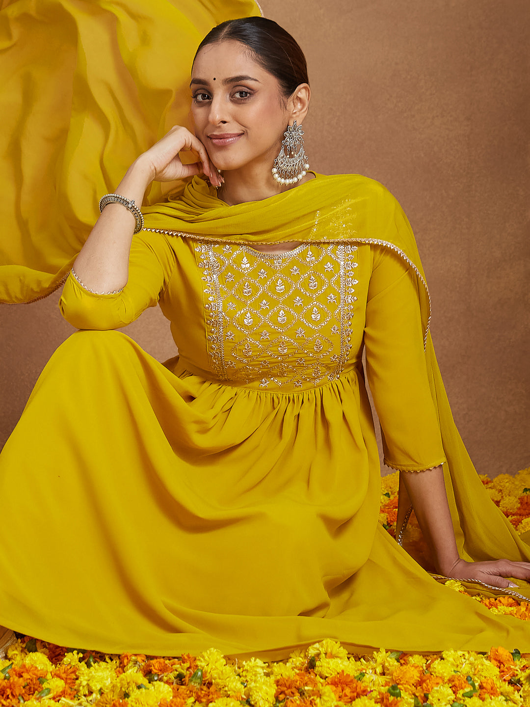 Janasya Women's Mustard Georgette Zari Yoke Embroidery A-line Kurta With Palazzo & Dupatta Set