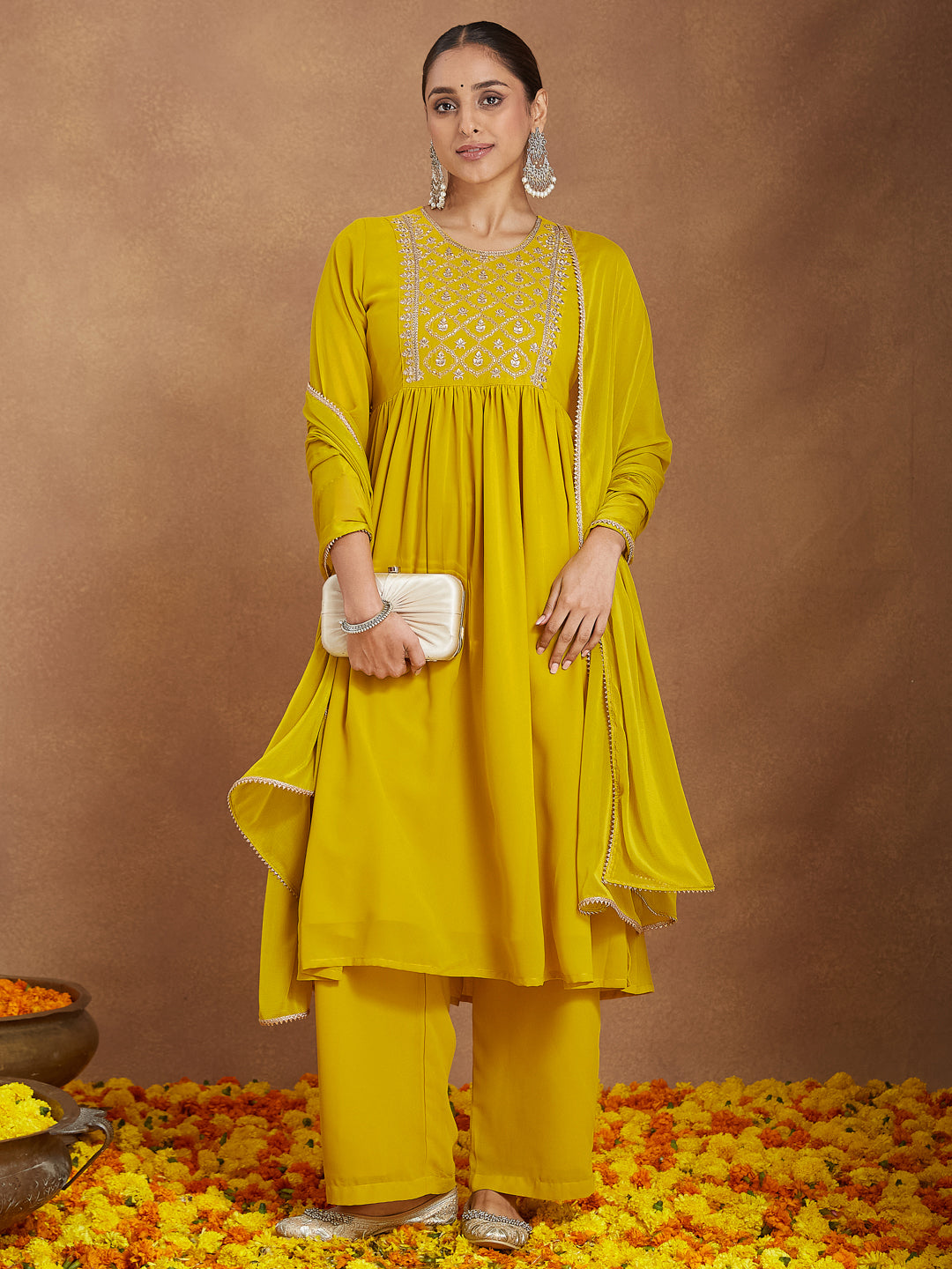 Janasya Women's Mustard Georgette Zari Yoke Embroidery A-line Kurta With Palazzo & Dupatta Set