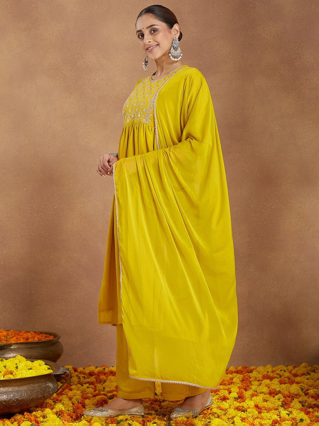 Janasya Women's Mustard Georgette Zari Yoke Embroidery A-line Kurta With Palazzo & Dupatta Set