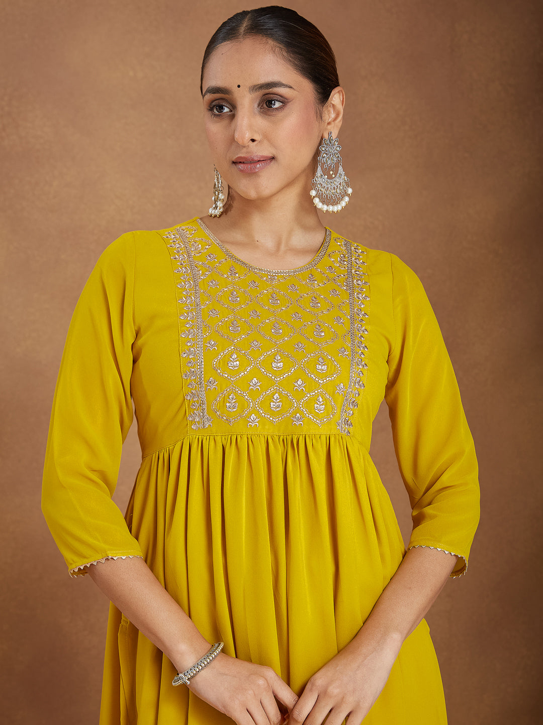 Janasya Women's Mustard Georgette Zari Yoke Embroidery A-line Kurta With Palazzo & Dupatta Set