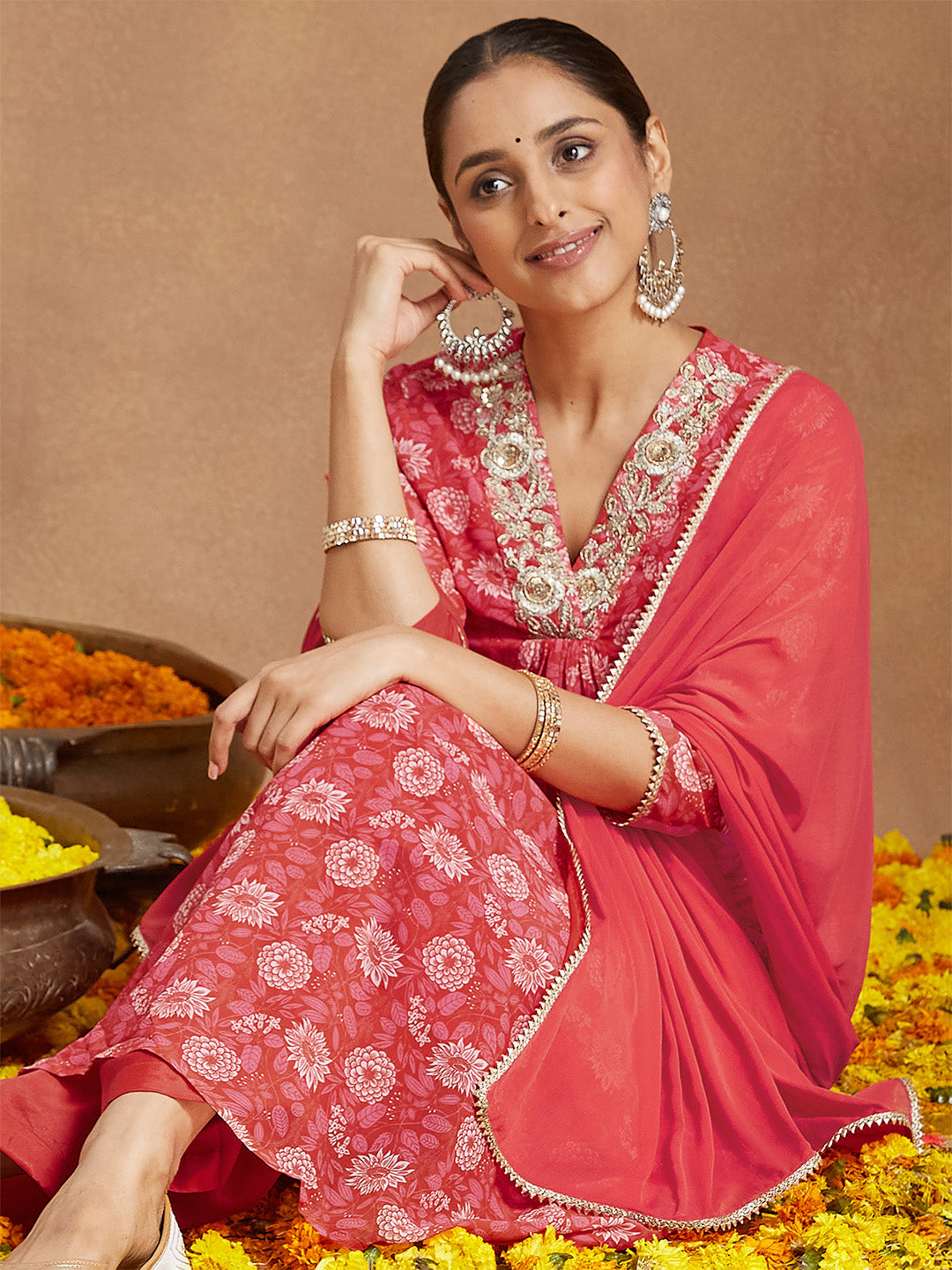 Janasya Women's Red Georgette Embellished Floral Printed A-line Kurta Set