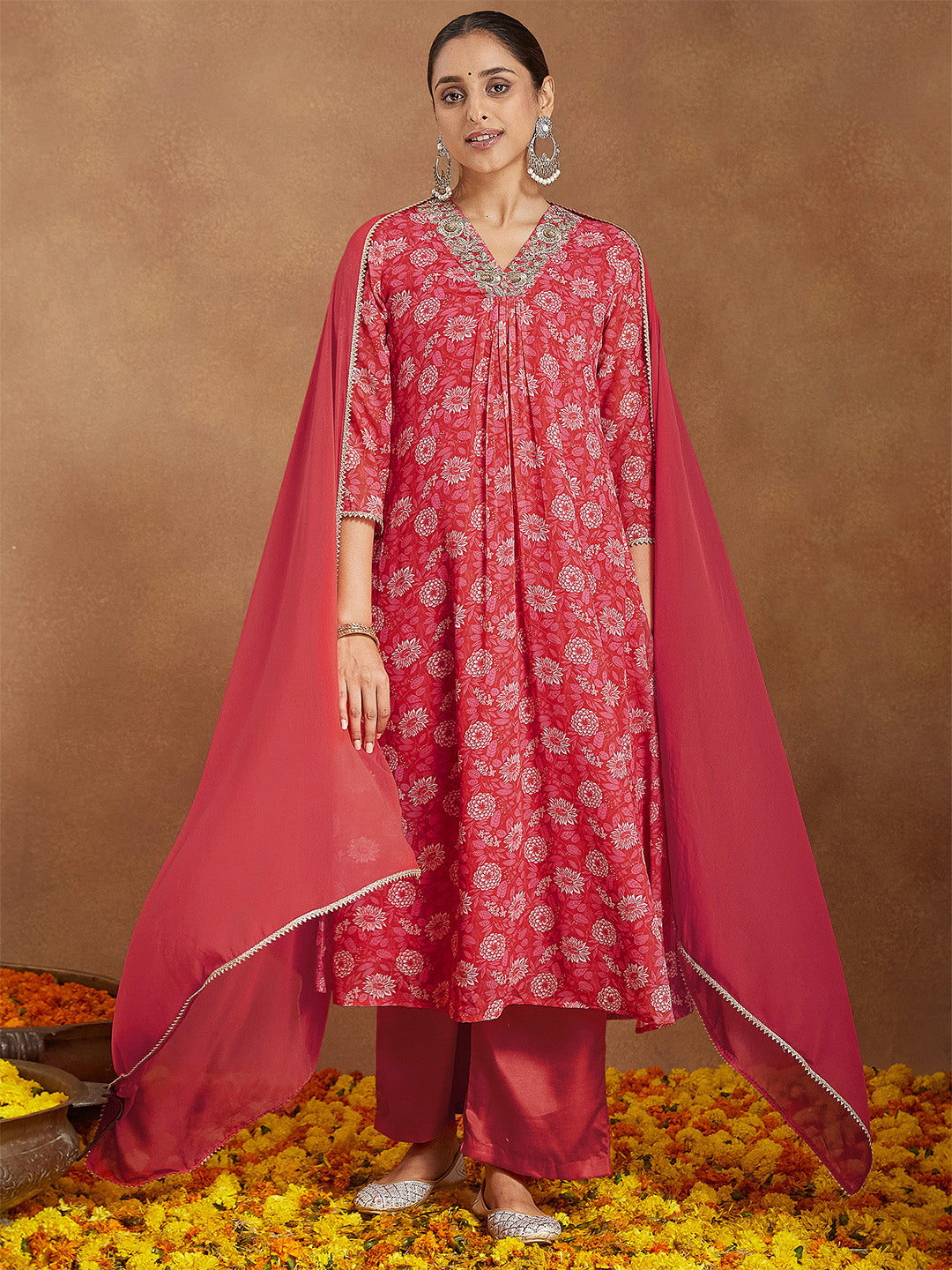 Janasya Women's Red Georgette Embellished Floral Printed A-line Kurta Set