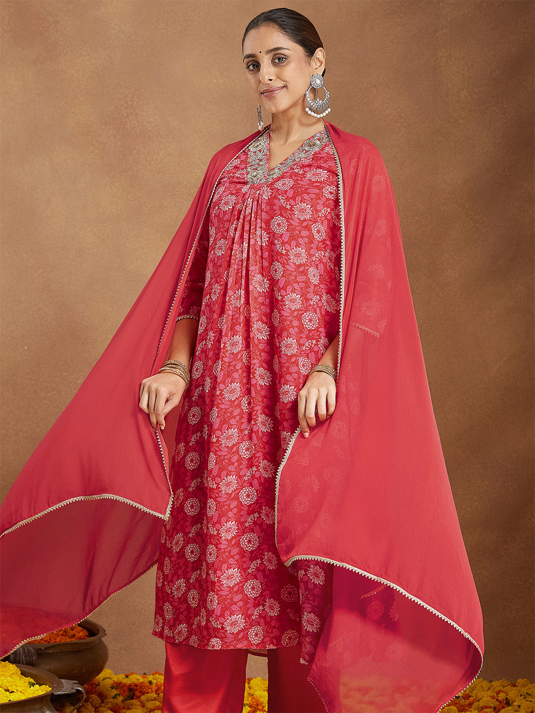 Janasya Women's Red Georgette Embellished Floral Printed A-line Kurta Set