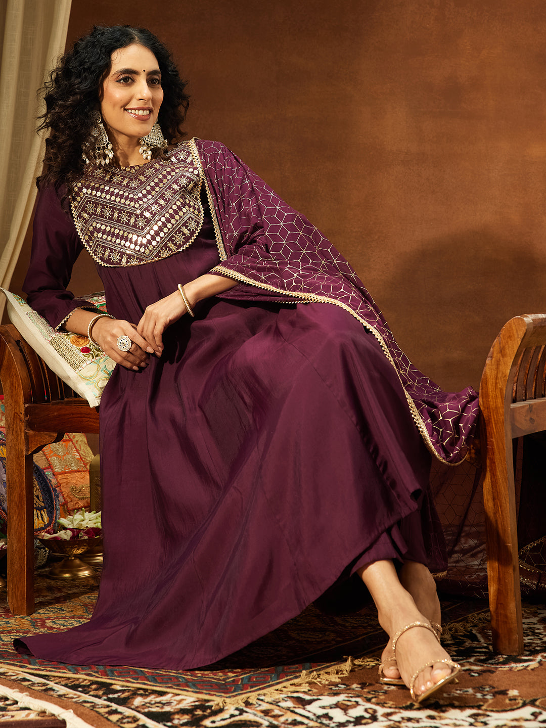 Janasya Women's Wine Chanderi Silk Embellished A-line Kurta Set