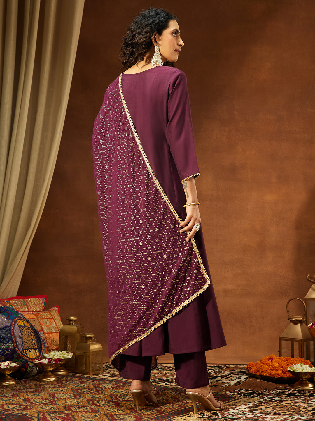 Janasya Women's Wine Chanderi Silk Embellished A-line Kurta Set