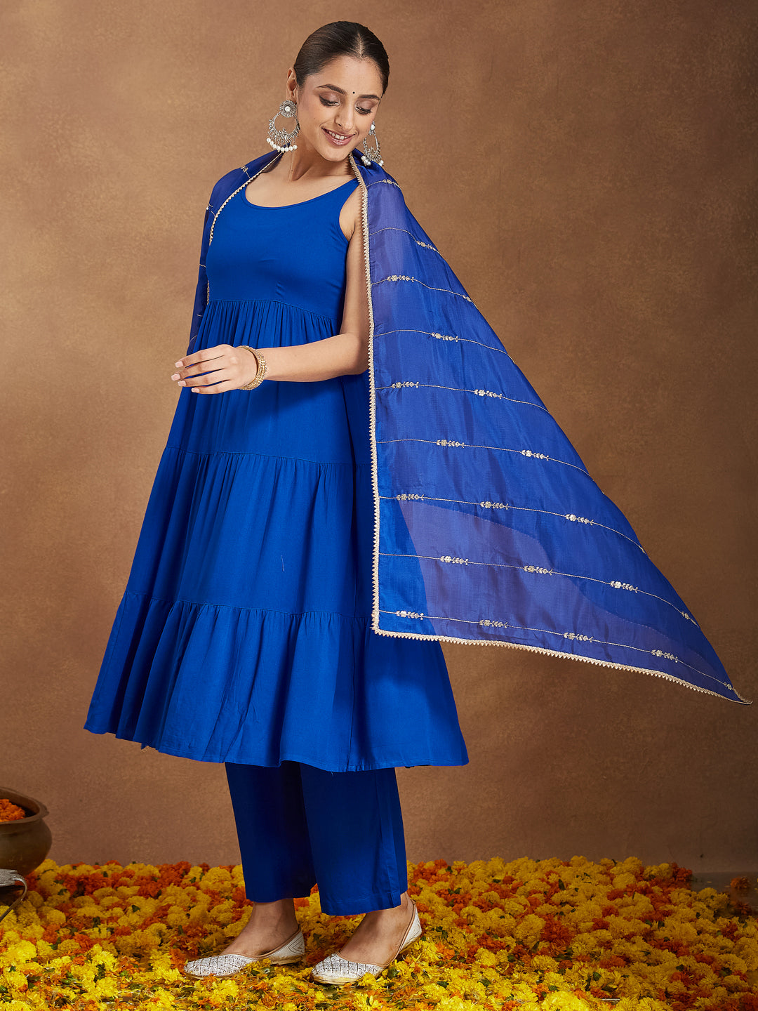 Janasya Women's Royal Blue Rayon Embellished Tiered Kurta Set With Dupatta