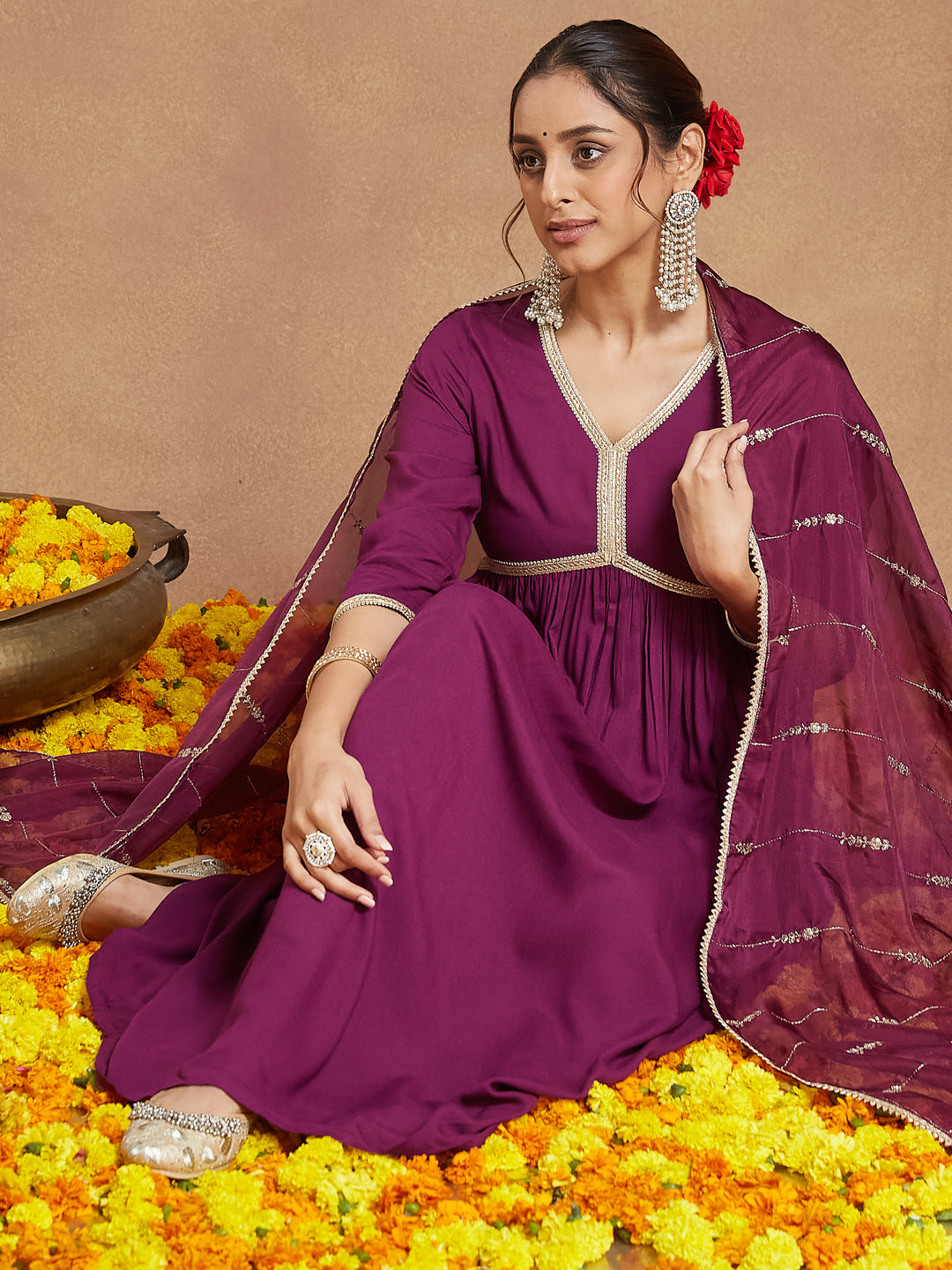 Janasya Women's Purple Rayon Embellished A-line Kurta Set