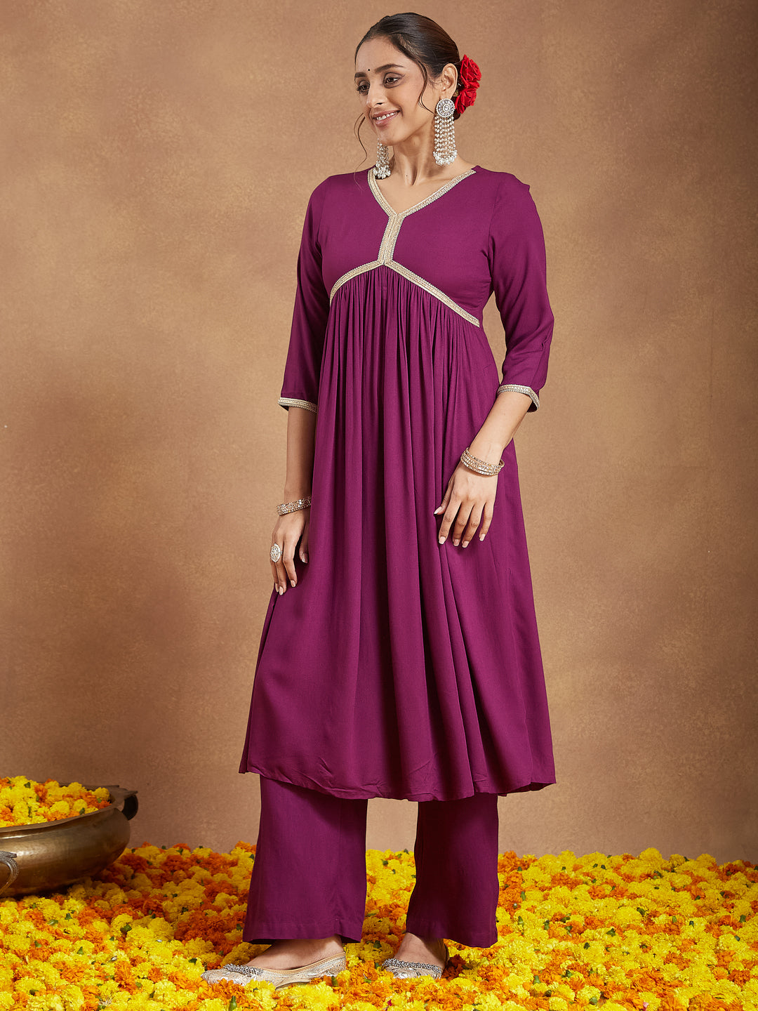 Janasya Women's Purple Rayon Embellished A-line Kurta Set