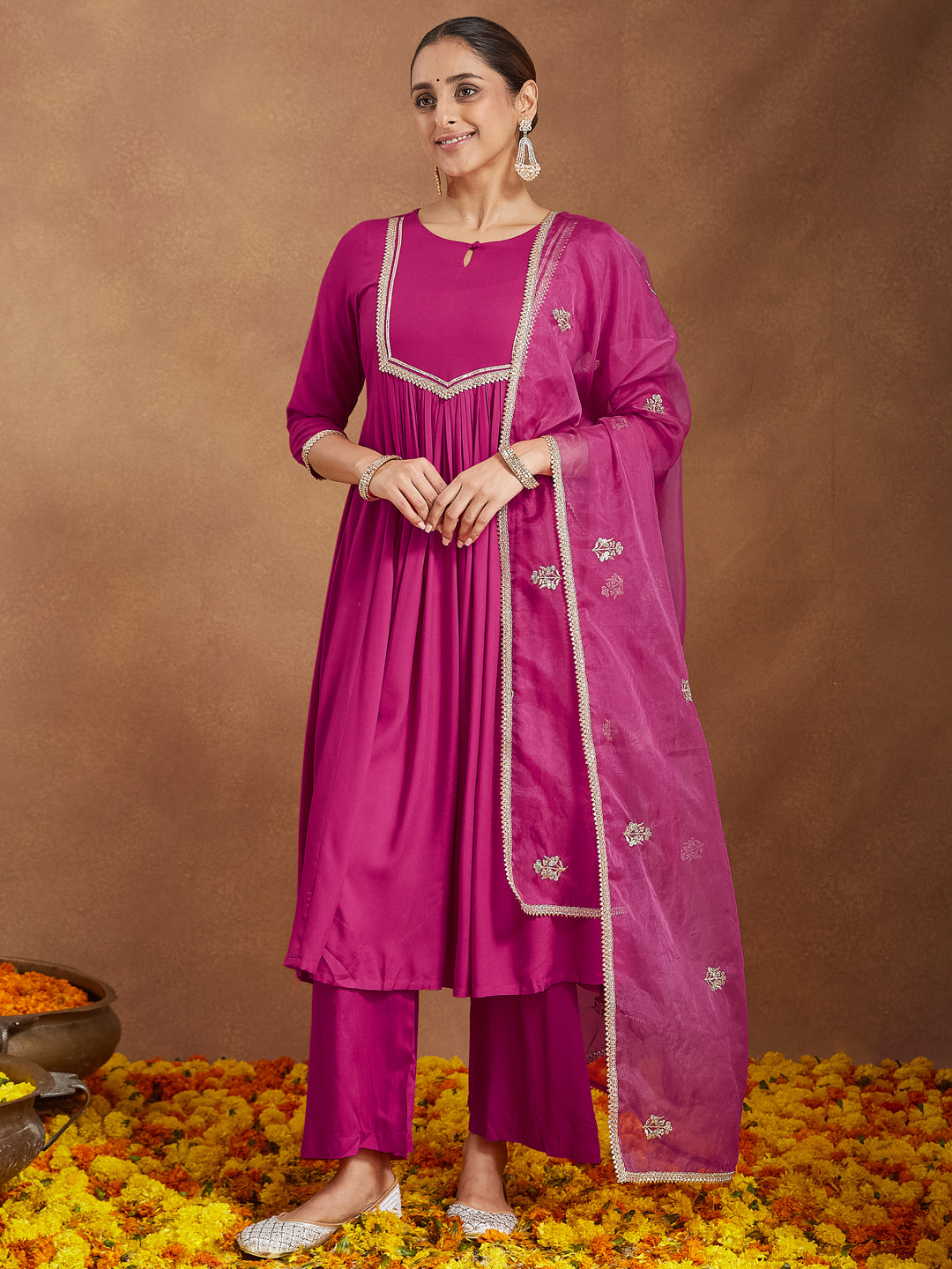 Janasya Women's Pink Rayon Yoke Design A-line Kurta With Palazzo & Dupatta Set
