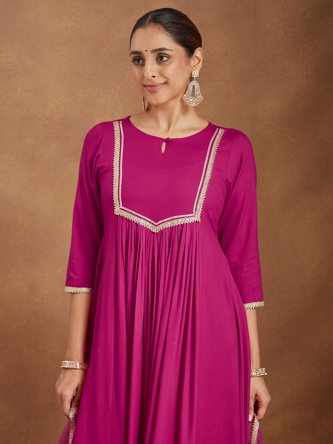 Janasya Women's Pink Rayon Yoke Design A-line Kurta With Palazzo & Dupatta Set