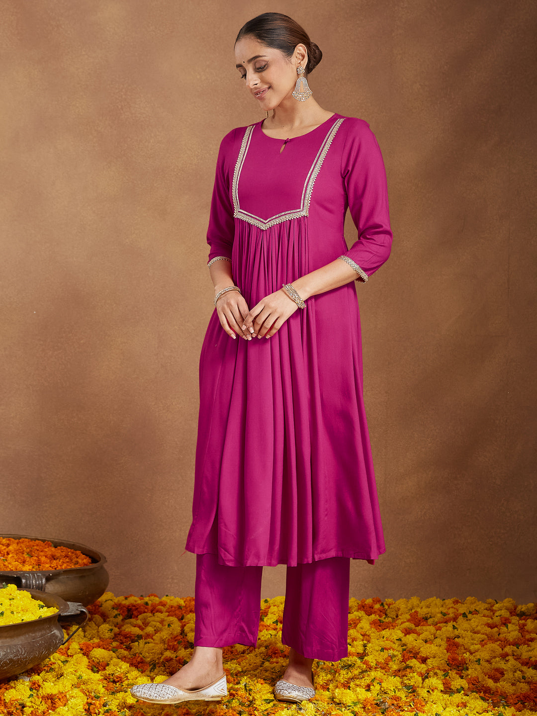 Janasya Women's Pink Rayon Yoke Design A-line Kurta With Palazzo & Dupatta Set