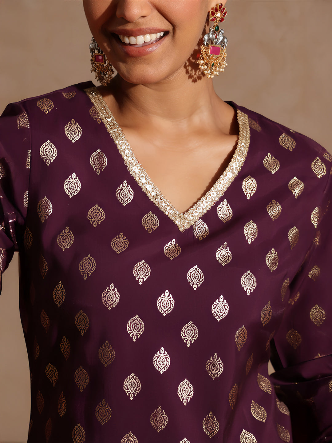 Janasya Women's Purple Chanderi Silk Embellished Gold Printed Kurta With Sharara & Dupatta Set