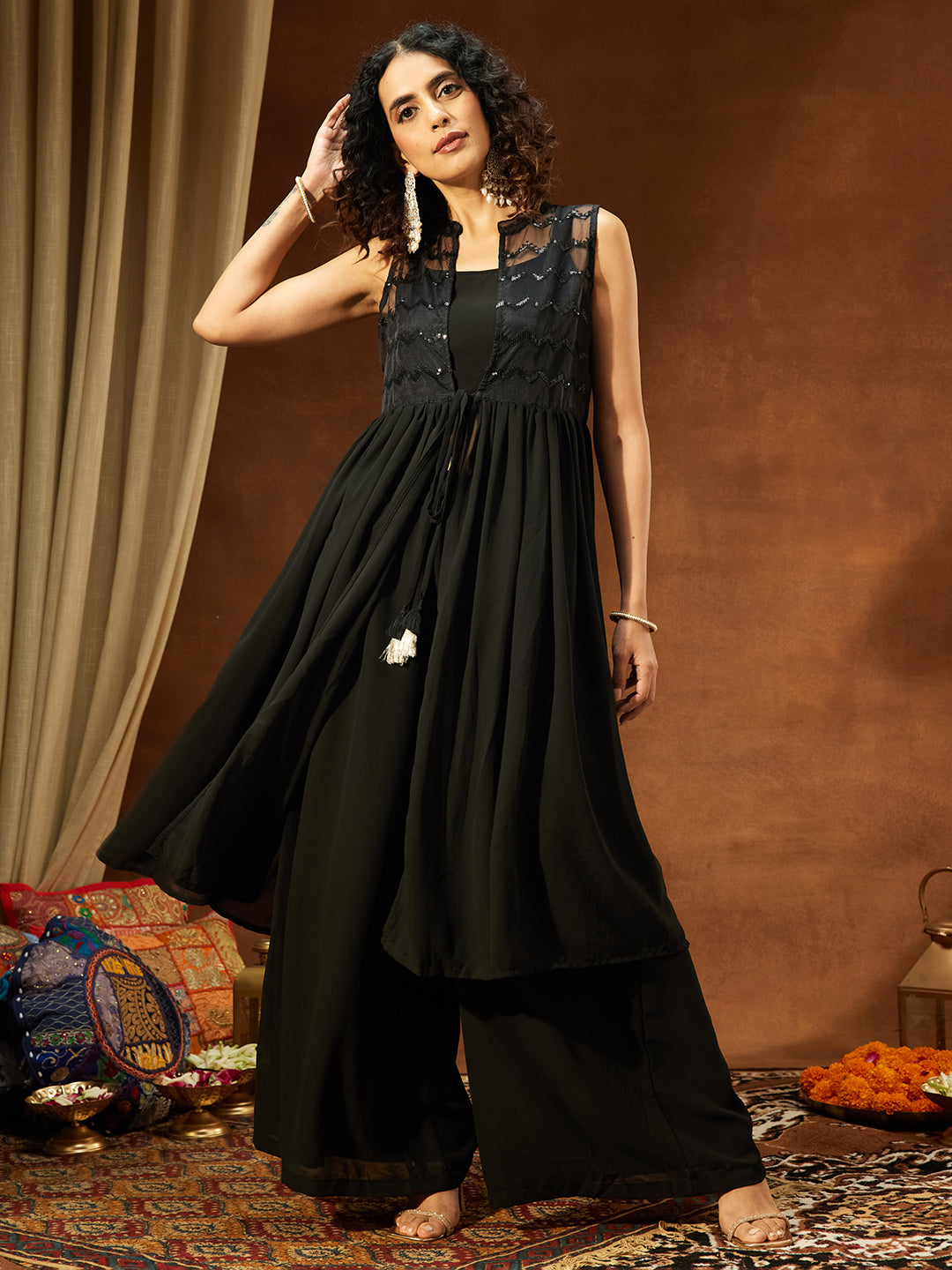 Janasya Women Black Georgette Sequinned Front-slit Jacket With Crop Top & Palazzo Set