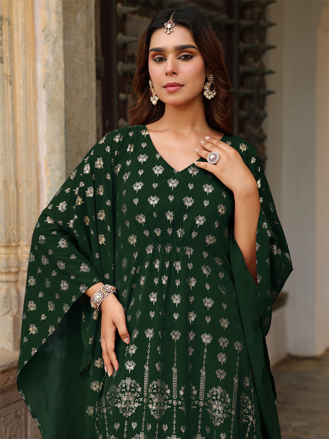 Janasya Women's Bottle Green Georgette Foil Printed Kaftan Kurta With Palazzo Set