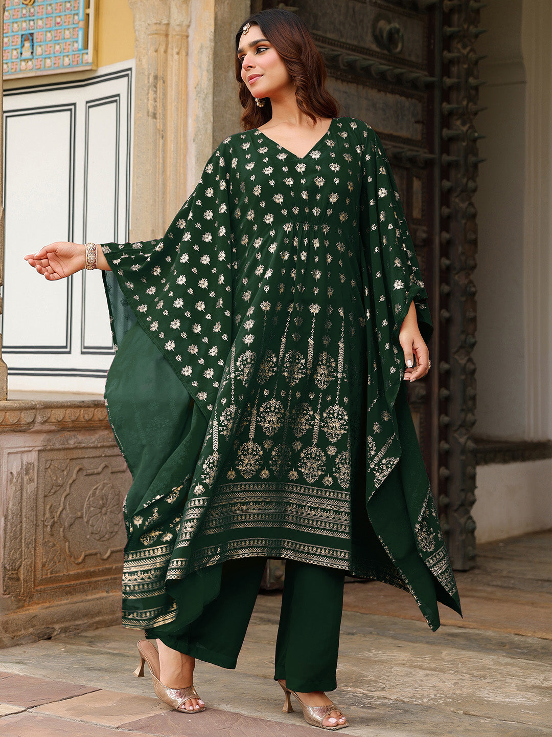 Janasya Women's Bottle Green Georgette Foil Printed Kaftan Kurta With Palazzo Set