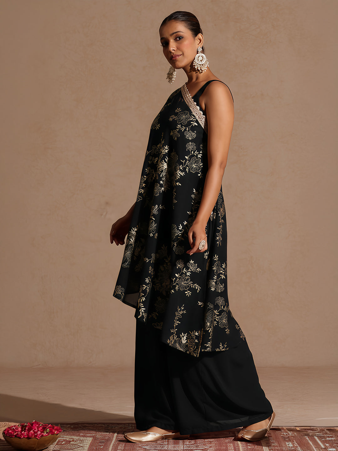 Janasya Women's Black Embellished Foil Printed Top With Pant And Cape Set