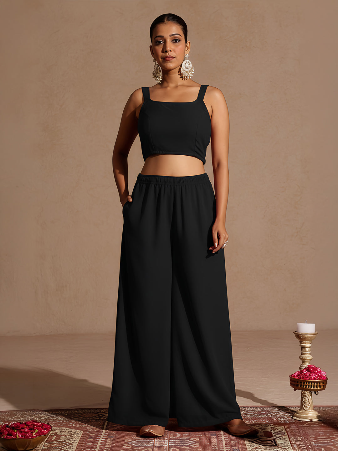 Janasya Women's Black Embellished Foil Printed Top With Pant And Cape Set