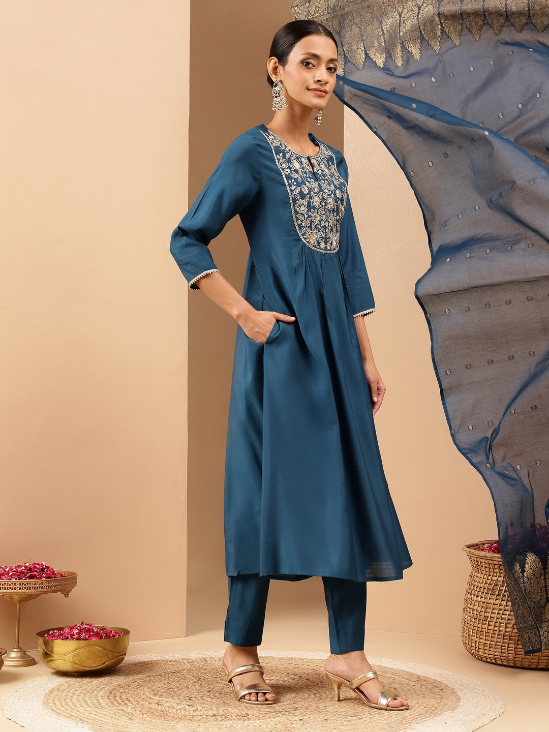 Janasya Women's Teal Chanderi Silk Zari Yoke Embroidered A-line Kurta Set With Dupatta
