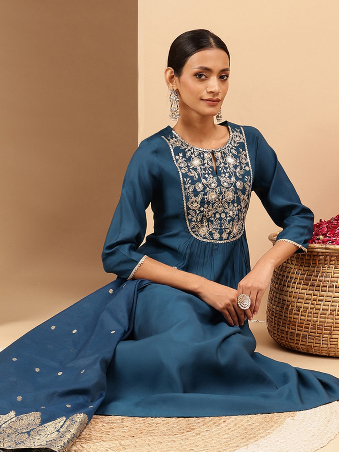 Janasya Women's Teal Chanderi Silk Zari Yoke Embroidered A-line Kurta Set With Dupatta