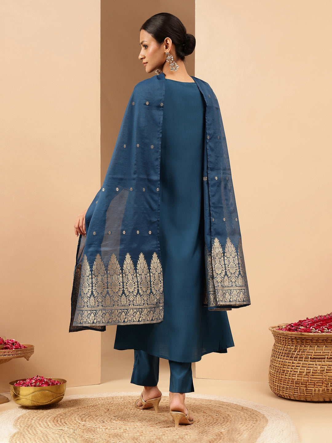 Janasya Women's Teal Chanderi Silk Zari Yoke Embroidered A-line Kurta Set With Dupatta