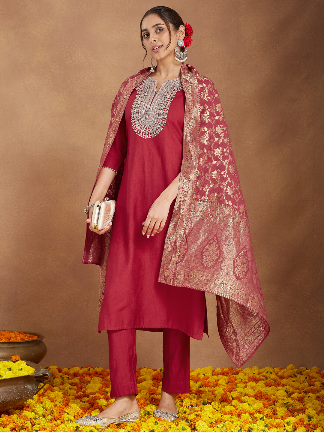 Janasya Women's Maroon Silk Blend Zari Embroidered Straight Kurta Set