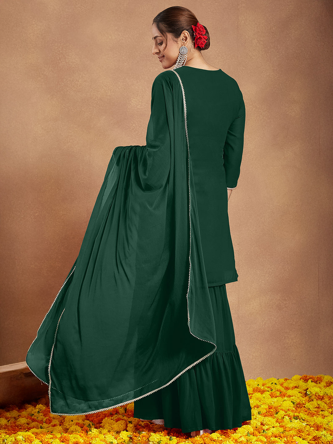 Janasya Women's Dark Green Georgette Zari Embroidered Straight Kurta With Palazzo & Dupatta Set