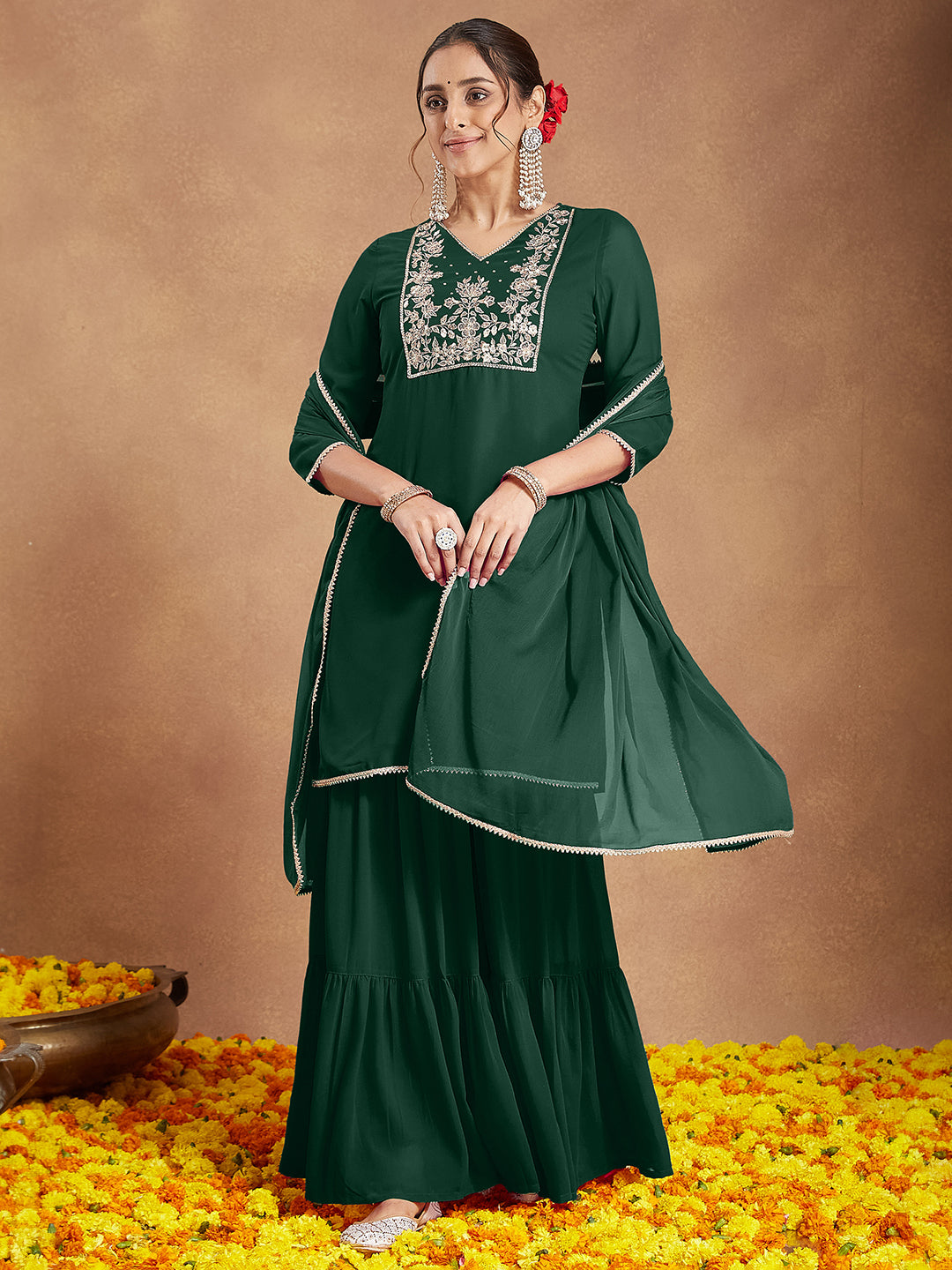 Janasya Women's Dark Green Georgette Zari Embroidered Straight Kurta With Palazzo & Dupatta Set
