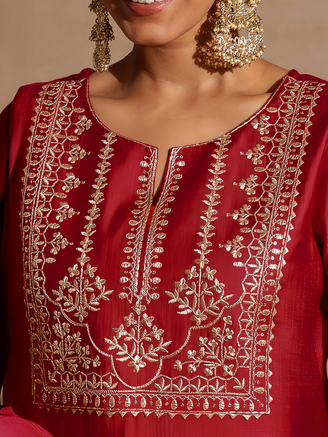 Janasya Women's Red Silk Blend Yoke Embroidered Straight Kurta Set