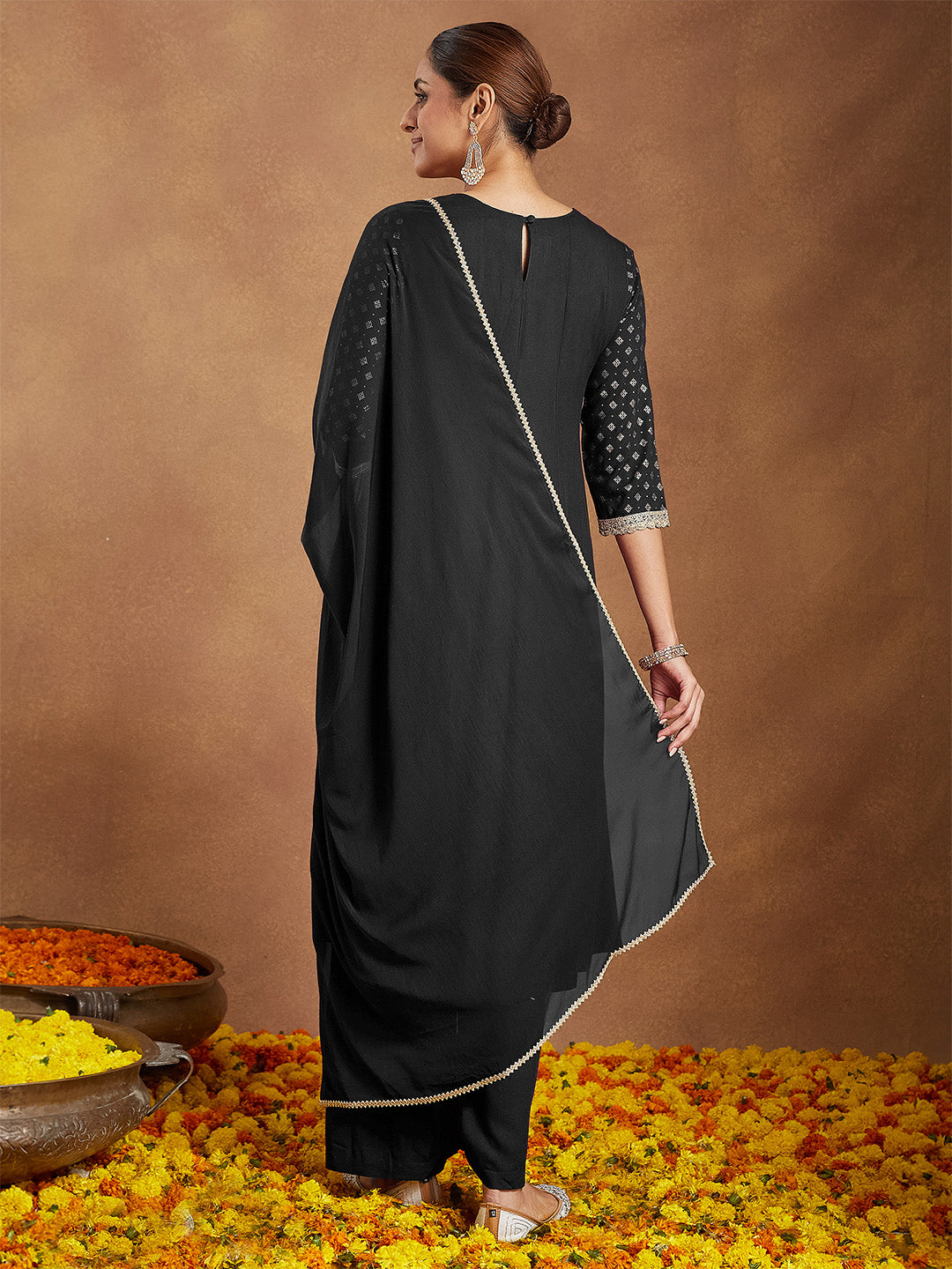 Janasya Women's Black Rayon Foil Print & Embellished Anarkali Kurta Set