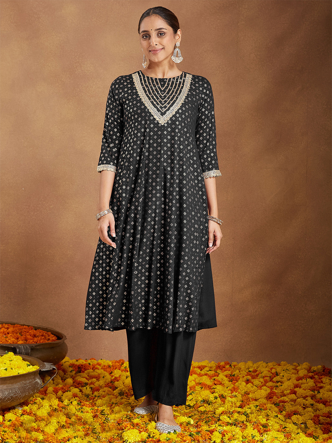 Janasya Women's Black Rayon Foil Print & Embellished Anarkali Kurta Set
