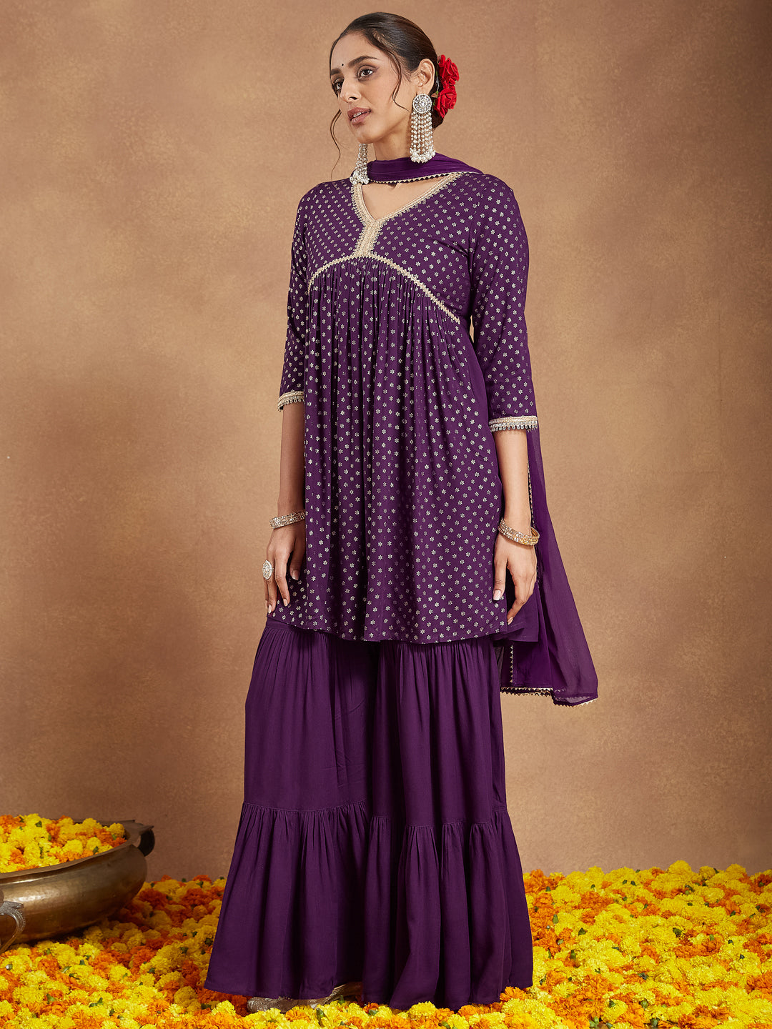 Janasya Women's Purple Rayon Gold Printed A-line Kurta With Sharara & Dupatta Set