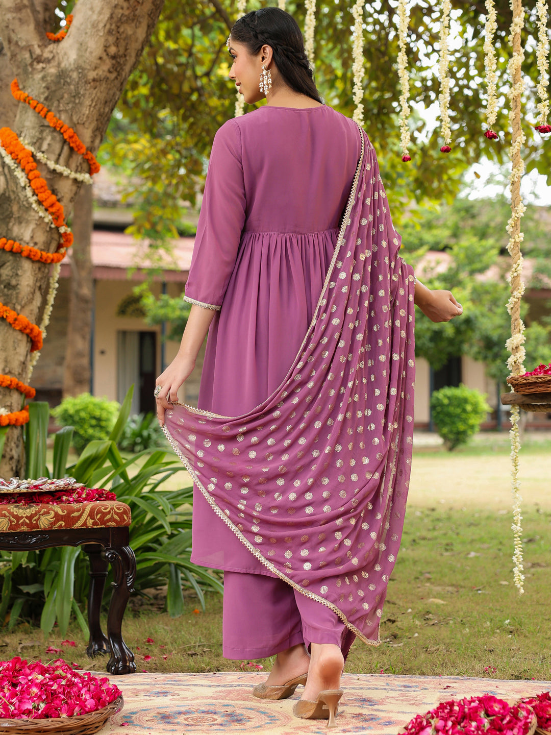 Janasya Women's Lavender Georgette Embellished A-line Kurta With Palazzo & Dupatta Set