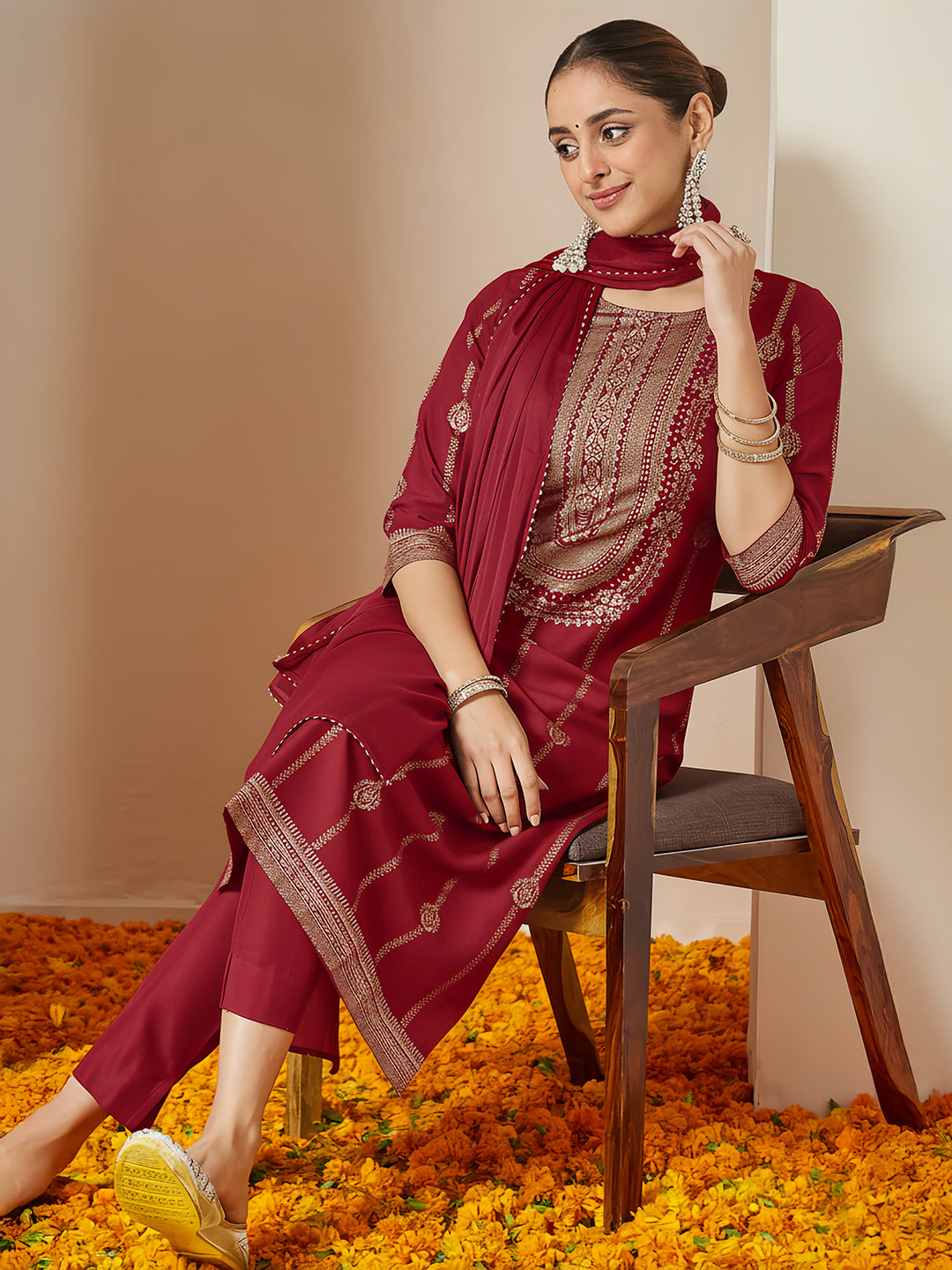 Janasya Women's Maroon Silk Blend Gold Printed Straight Kurta Set