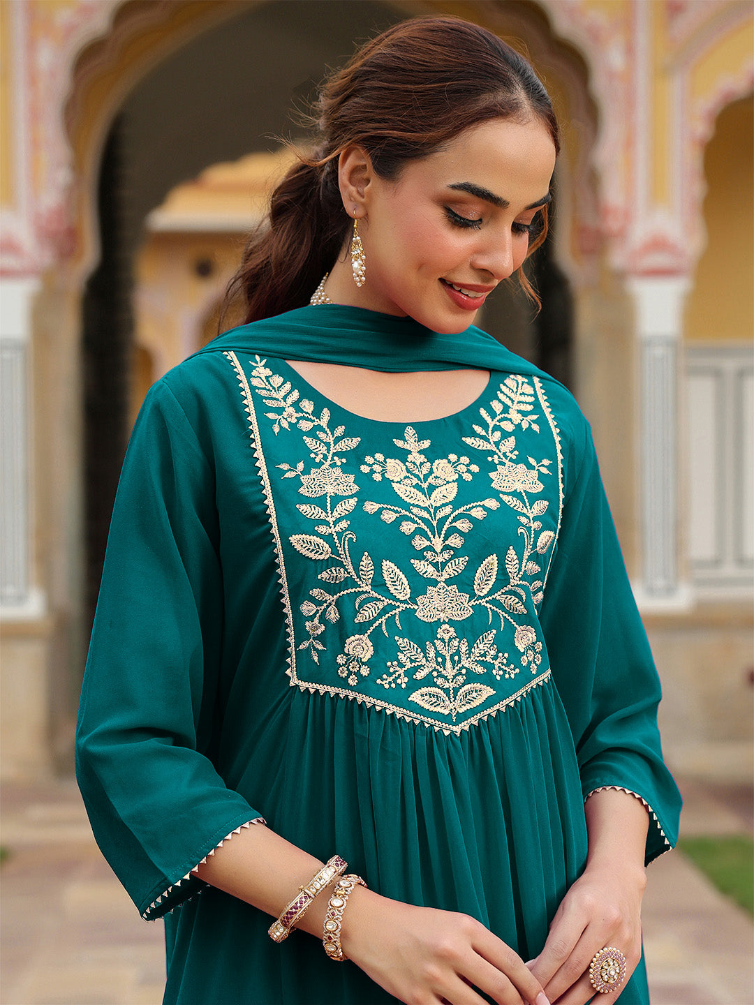 Janasya Women's Teal Green Georgette Embroidered A-line Kurta With Palazzo Dupatta Set