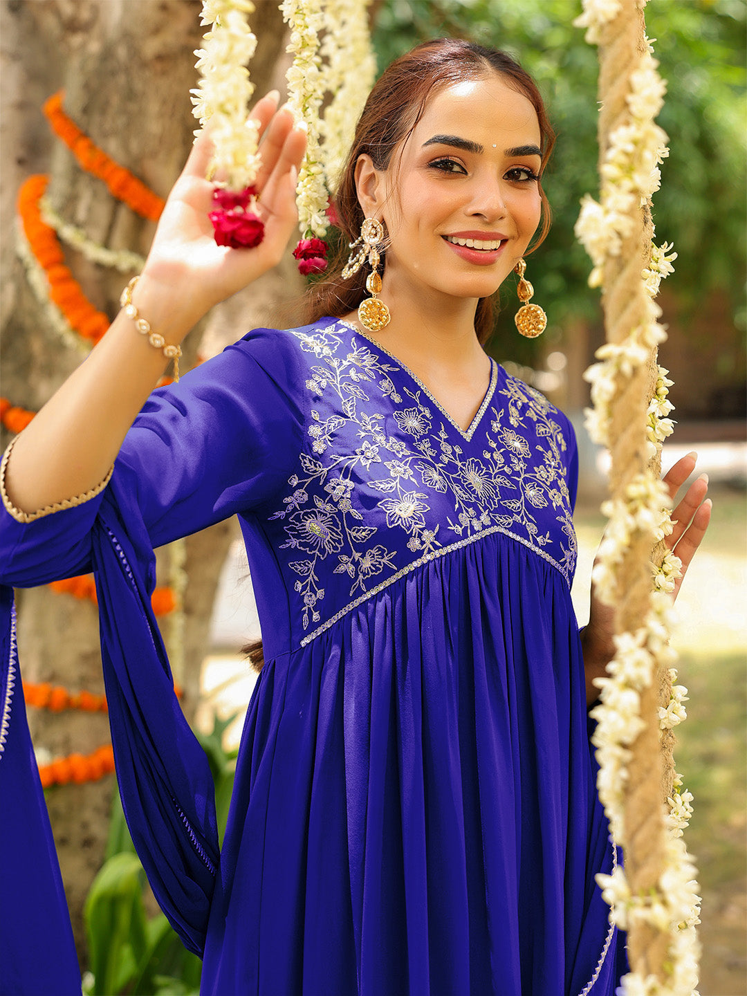 Janasya Women's Royal Blue Georgette Zari Yoke Embroidered A-line Kurta With Palazzo & Dupatta Set