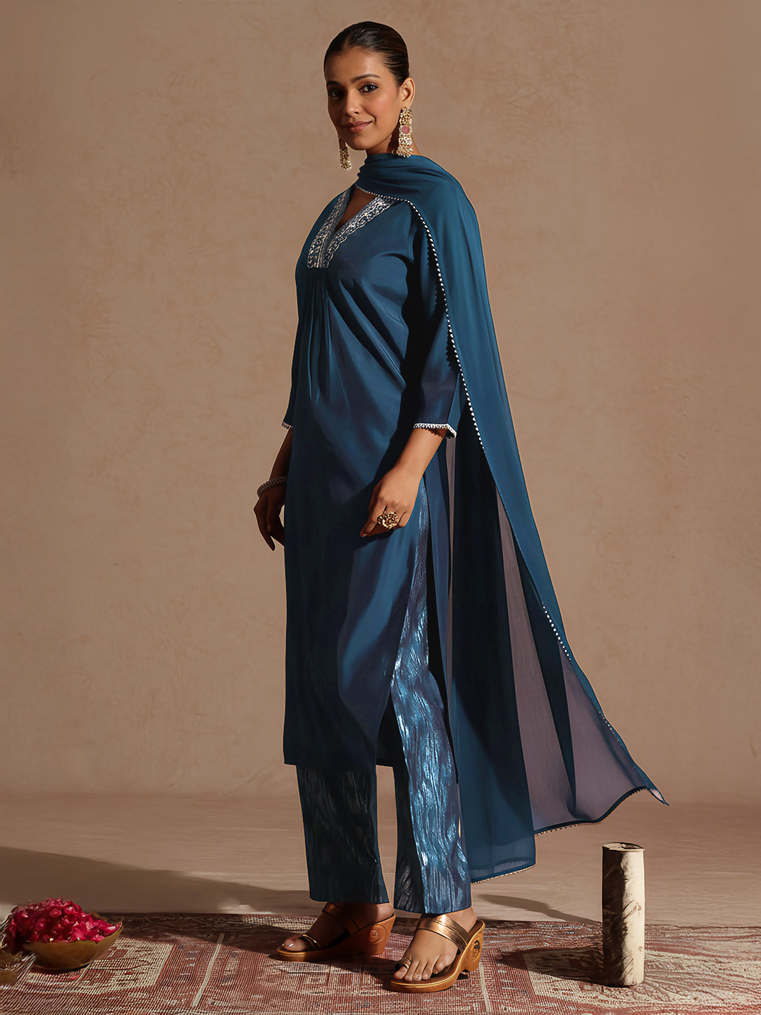 Janasya Women's Teal Blue Chanderi Silk Embellished Straight Kurta Set