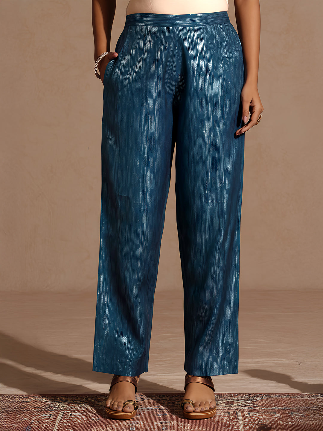 Janasya Women's Teal Blue Chanderi Silk Embellished Straight Kurta Set