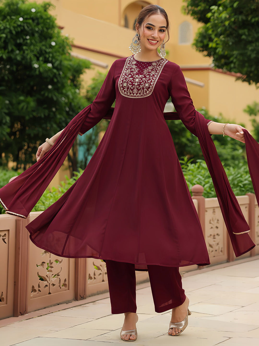 Janasya Women's Maroon Georgette Zari Yoke Embroidered Anarkali Kurta With Palazzo & Dupatta Set