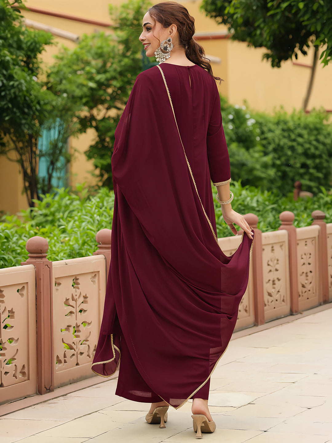 Janasya Women's Maroon Georgette Zari Yoke Embroidered Anarkali Kurta With Palazzo & Dupatta Set