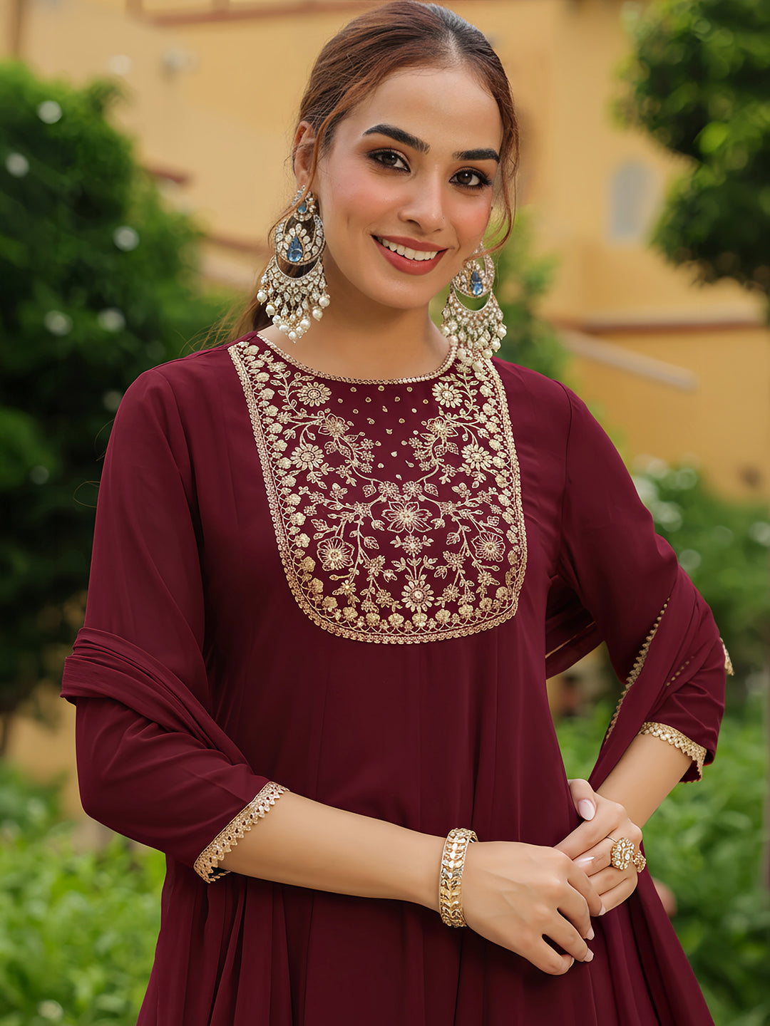 Janasya Women's Maroon Georgette Zari Yoke Embroidered Anarkali Kurta With Palazzo & Dupatta Set